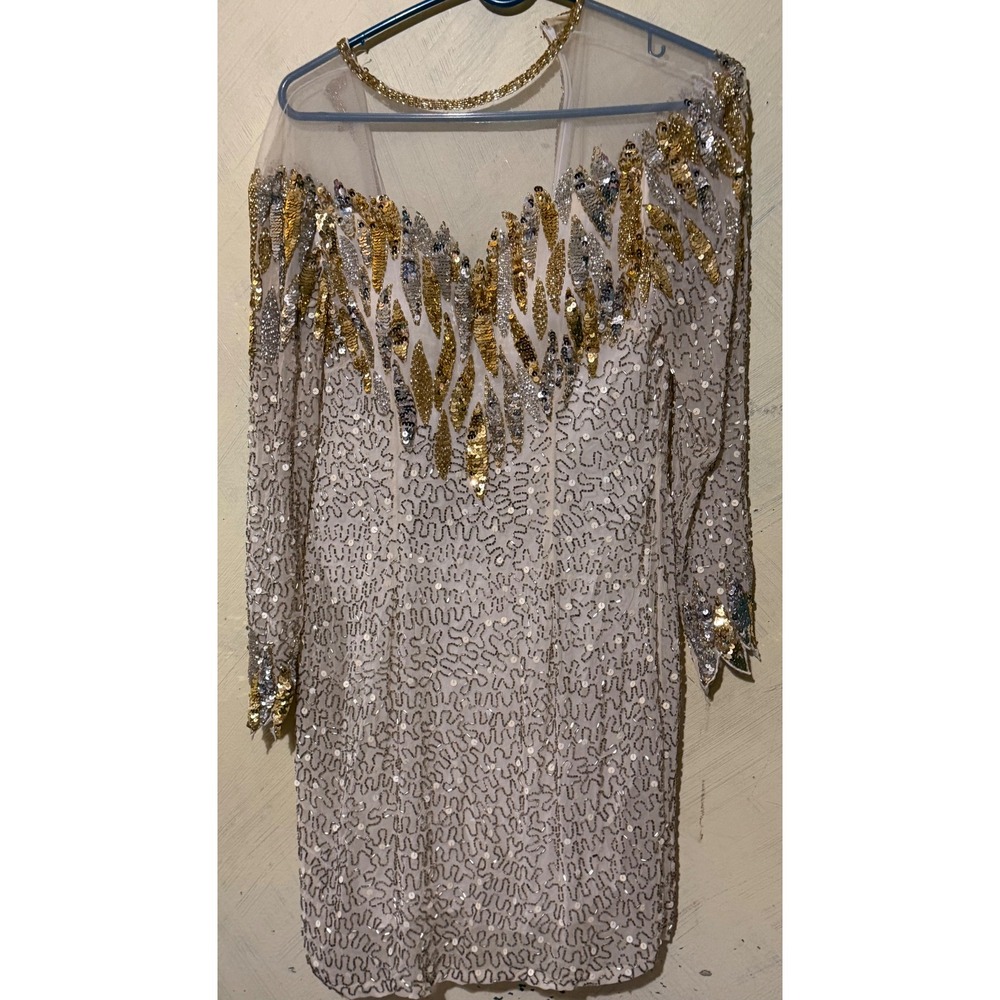 Vintage Nite Line Gold Silver Sequin Silk Cocktail Dress Long Sleeve Sheath 6